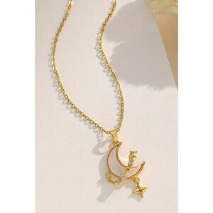 Elegant Stainless Steel Moon & Star Pendant Necklace with Sparkling Zirconia